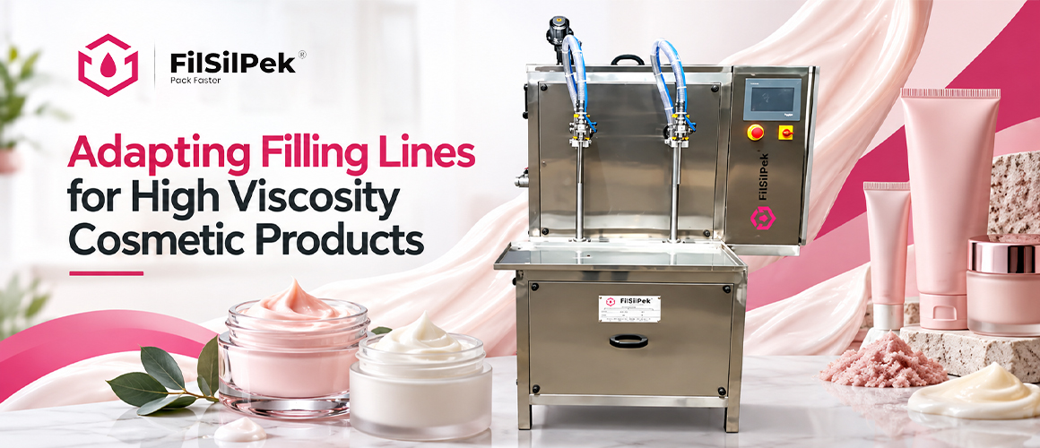 Filling machine dispensing high viscosity cosmetic products into containers